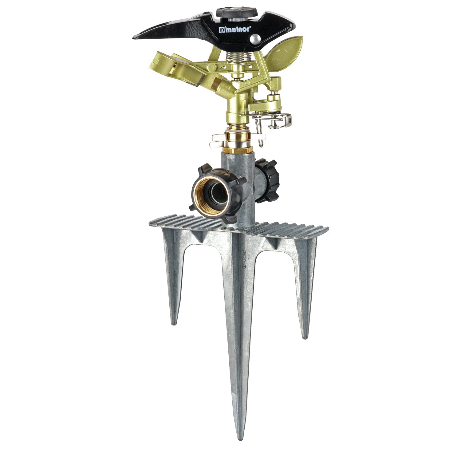 Metal Pulsating Sprinkler with 3-Prong Step Spike – Melnor