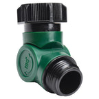 This image shows a green and black plastic ball valve with a threaded male connector on one end and a smooth female connector on the other.