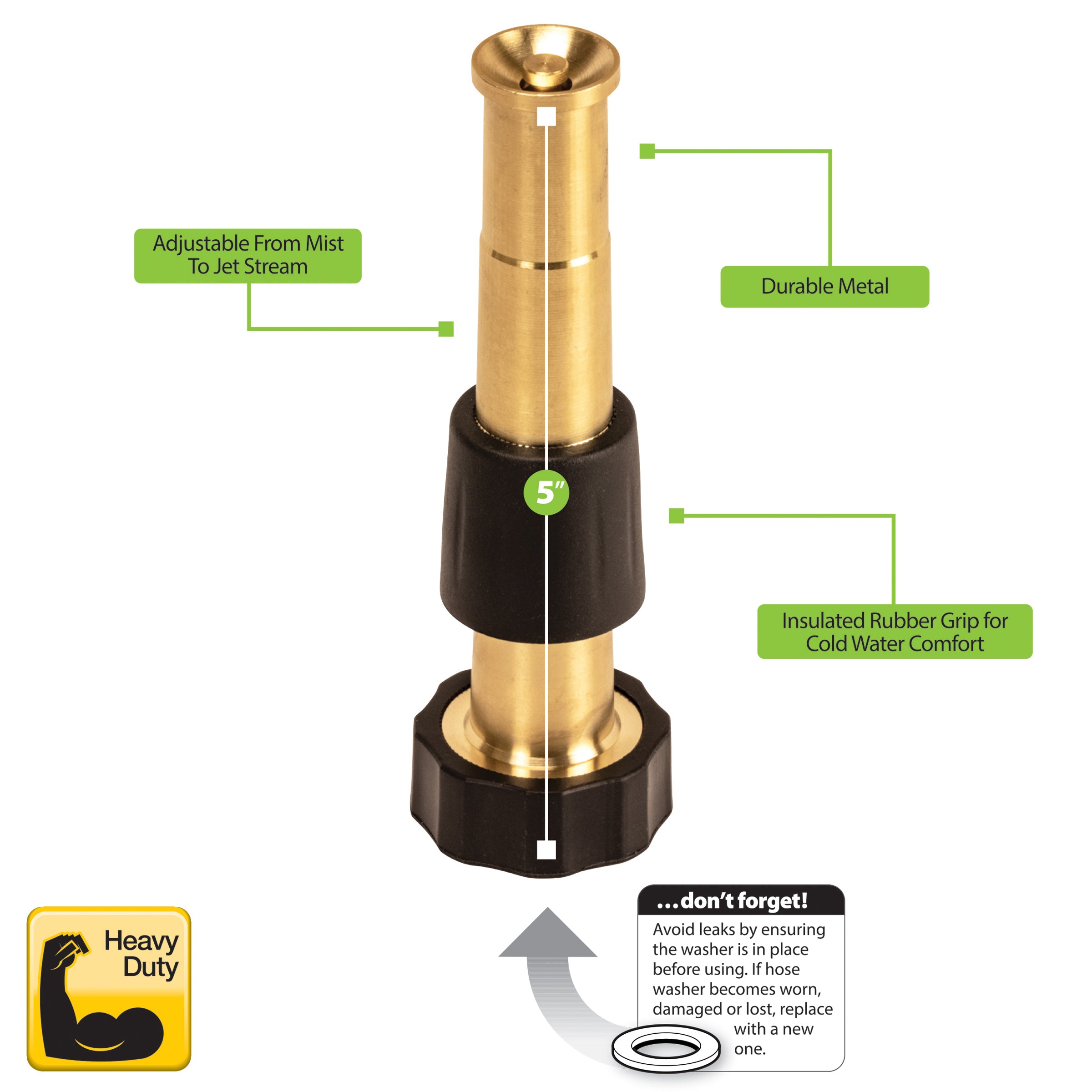 This image features a diagram of a heavy-duty, metal garden hose nozzle with an adjustable spray pattern and an insulated rubber grip for comfort.
