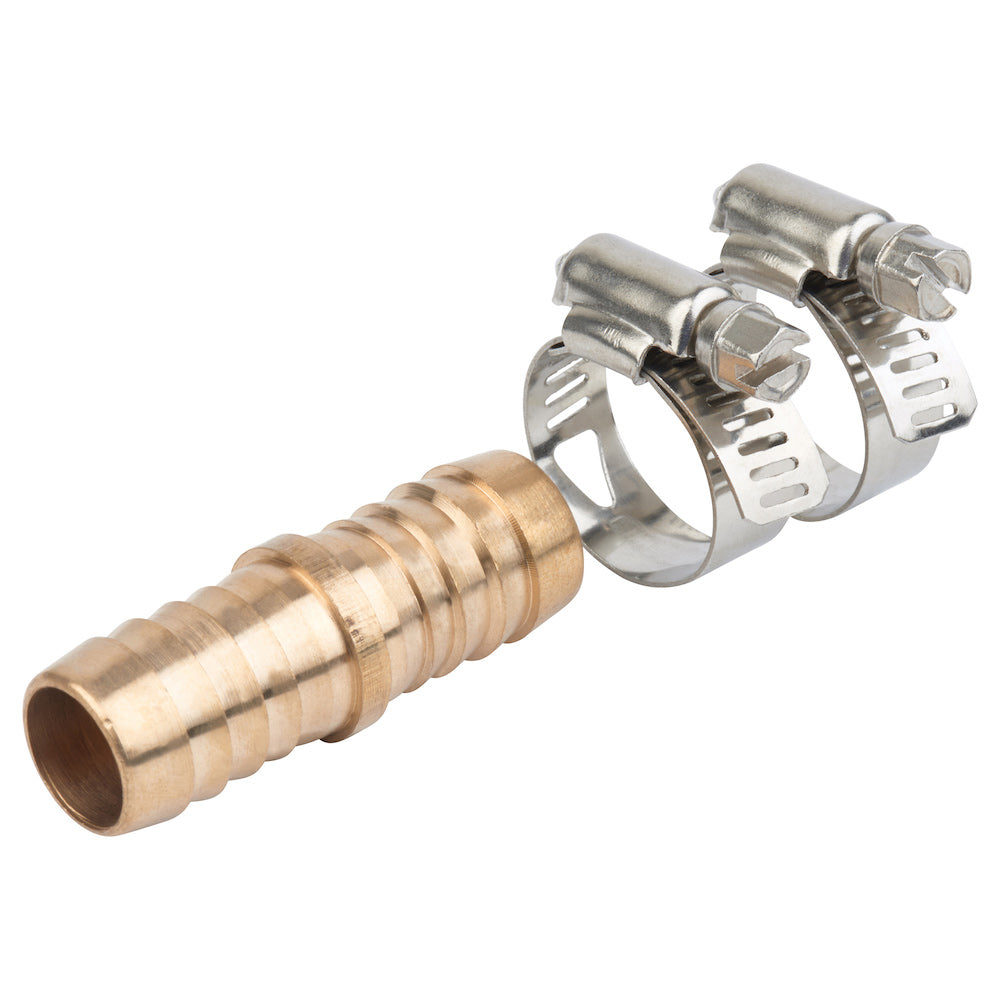 This is an image of a brass hose barb fitting with two stainless steel worm gear hose clamps, isolated on a white background, typically used for tubing connections.