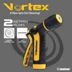 This image features a black and yellow Melnor Vortex garden hose nozzle with ergonomic design, advertising "A New Spin On Cleaning" and two spray patterns.