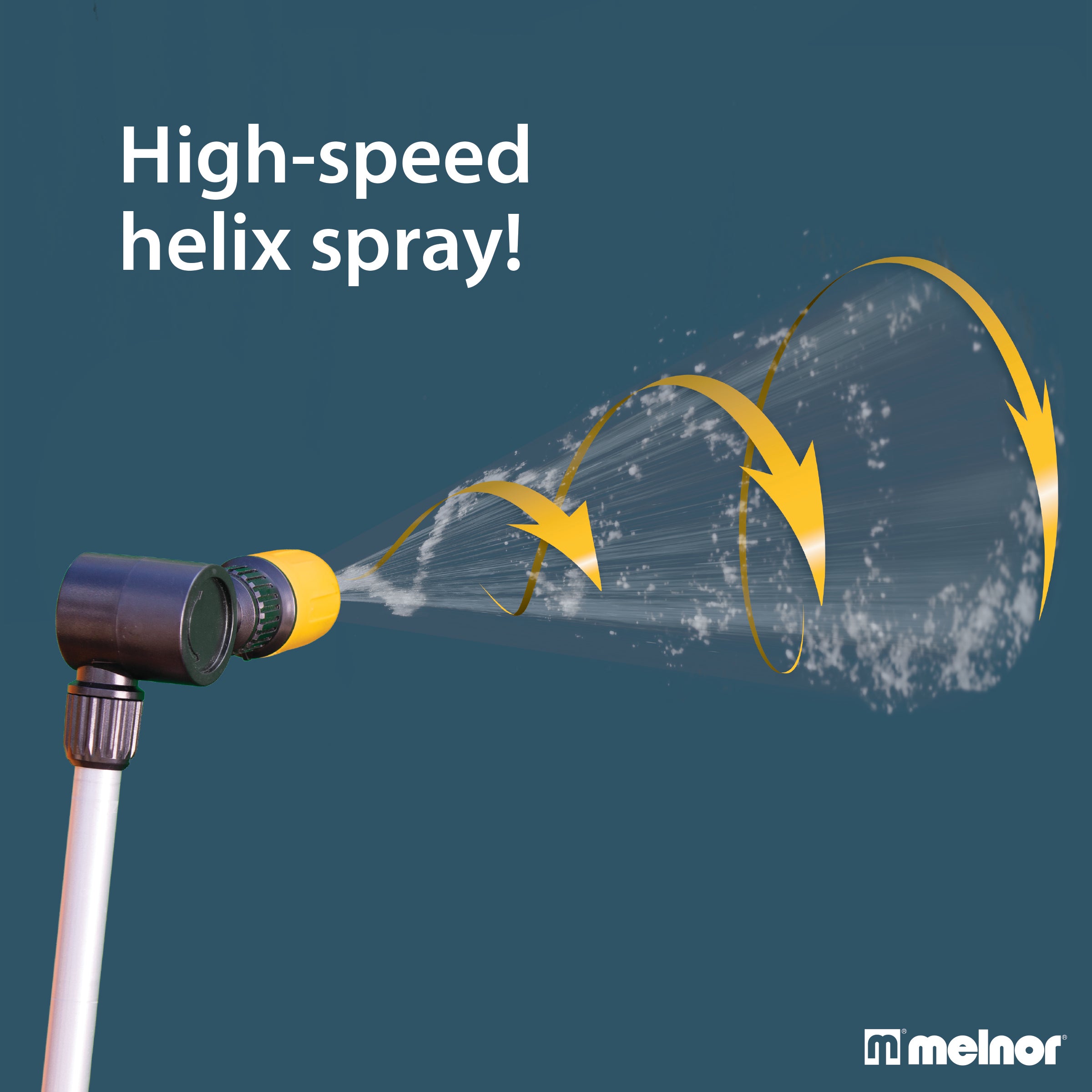 This image features a garden hose nozzle with a high-speed helix spray pattern. Yellow arrows illustrate the water's swirling motion. The Melnor brand is visible.