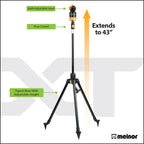This image features a black tripod-based garden sprinkler with an adjustable height that extends to 43 inches and a multi-adjustable sprinkler head.