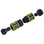 A disassembled yellow and black garden hose connector with the brand "Gardena" visible. It's comprised of three separate parts laid out on a white background.