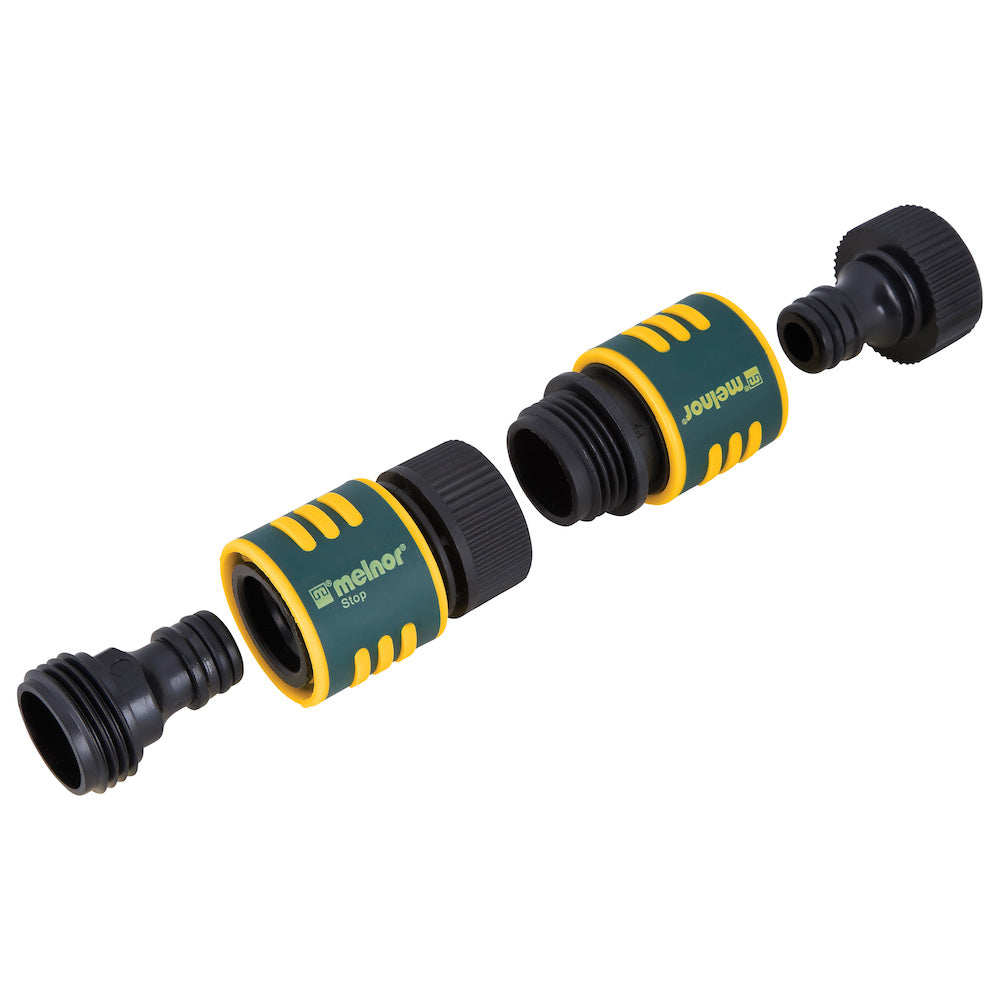 A disassembled yellow and black garden hose connector with the brand "Gardena" visible. It's comprised of three separate parts laid out on a white background.