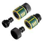 The image shows three garden hose connectors with black and green coloring, displayed against a white background. They appear to be made of plastic.