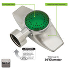 This is an image of a heavy-duty metal garden hose nozzle with a circular spray pattern and labeled features. It can water up to a 30' diameter area.