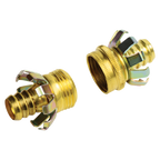 The image shows two brass hose connectors with threaded ends for attaching a garden hose to a spigot, displaying male and female coupling ends.