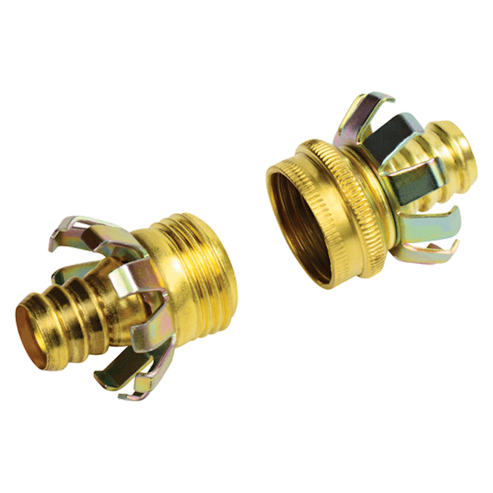 The image shows two brass hose connectors with threaded ends for attaching a garden hose to a spigot, displaying male and female coupling ends.