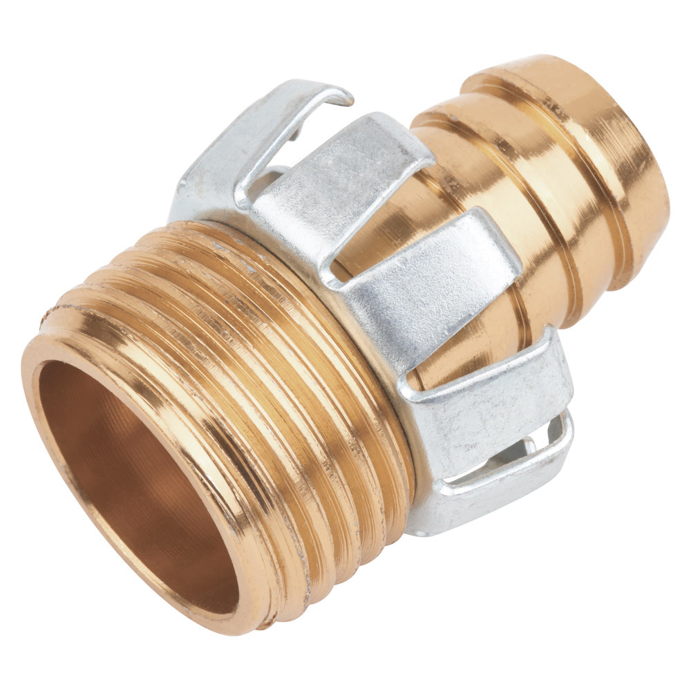 This image shows a brass and silver-colored garden hose connector with male threading and a quick-release mechanism, typically used for attaching hoses to faucets.