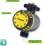The image shows a round, analog Melnor hose timer with an "egg timer" design. It has an on/off functionality and is compatible with low-pressure hoses.