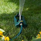 In the image, there is an oscillating lawn sprinkler watering grass, surrounded by green foliage and yellow flowers, under bright sunlight.