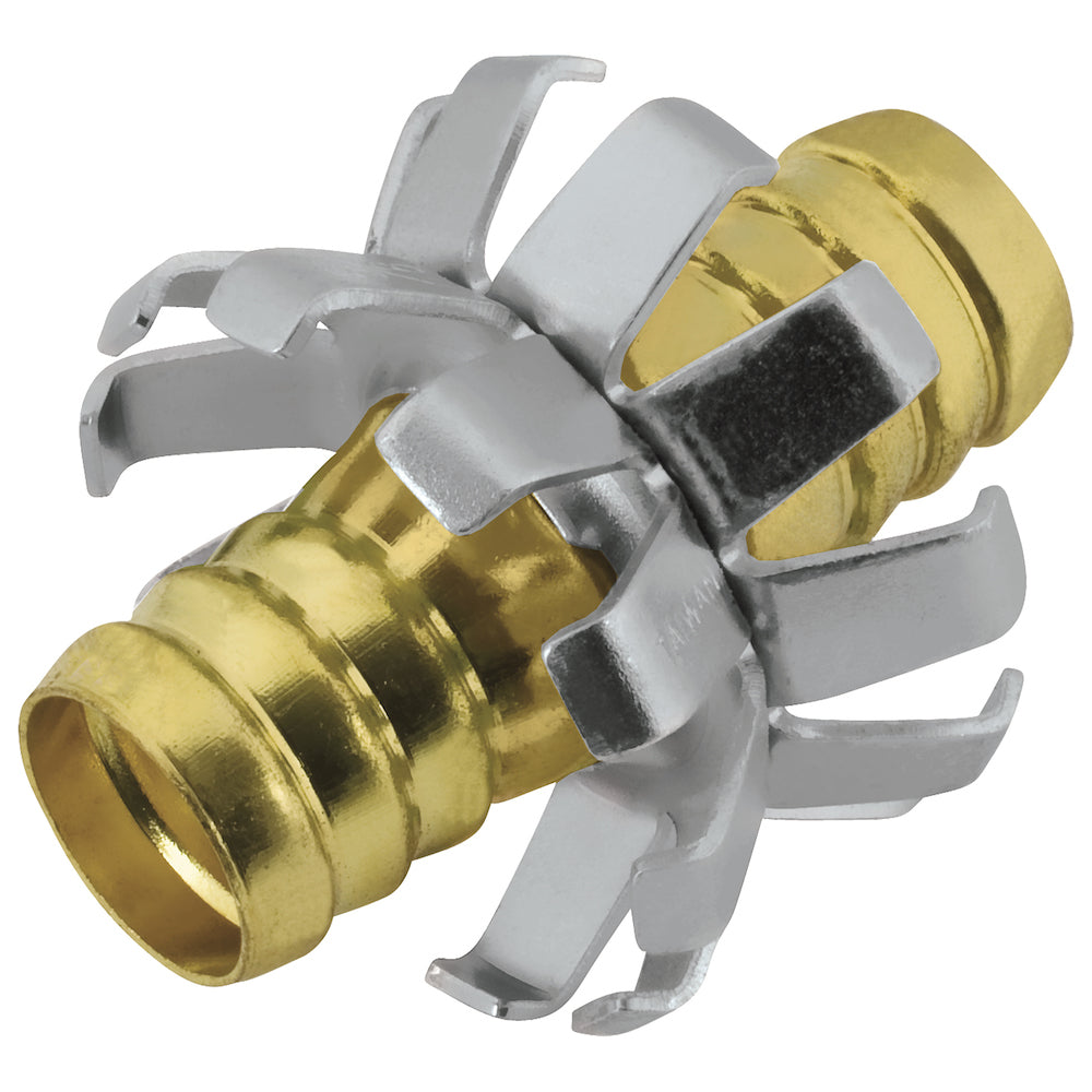 This image shows a brass and silver-colored mechanical component with multiple interlocking parts, featuring a cylindrical shape and claw-like extensions.