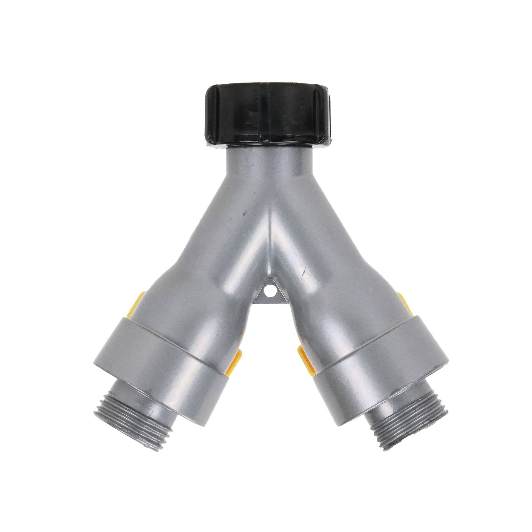 A Y-shaped water valve with a black top cap and yellow accent tabs, shown on a plain white background.