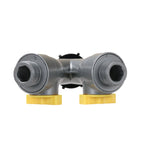 The bottom of a gray split valve with two threaded male outlets and two yellow valve adjusters, shown on a plain white background.