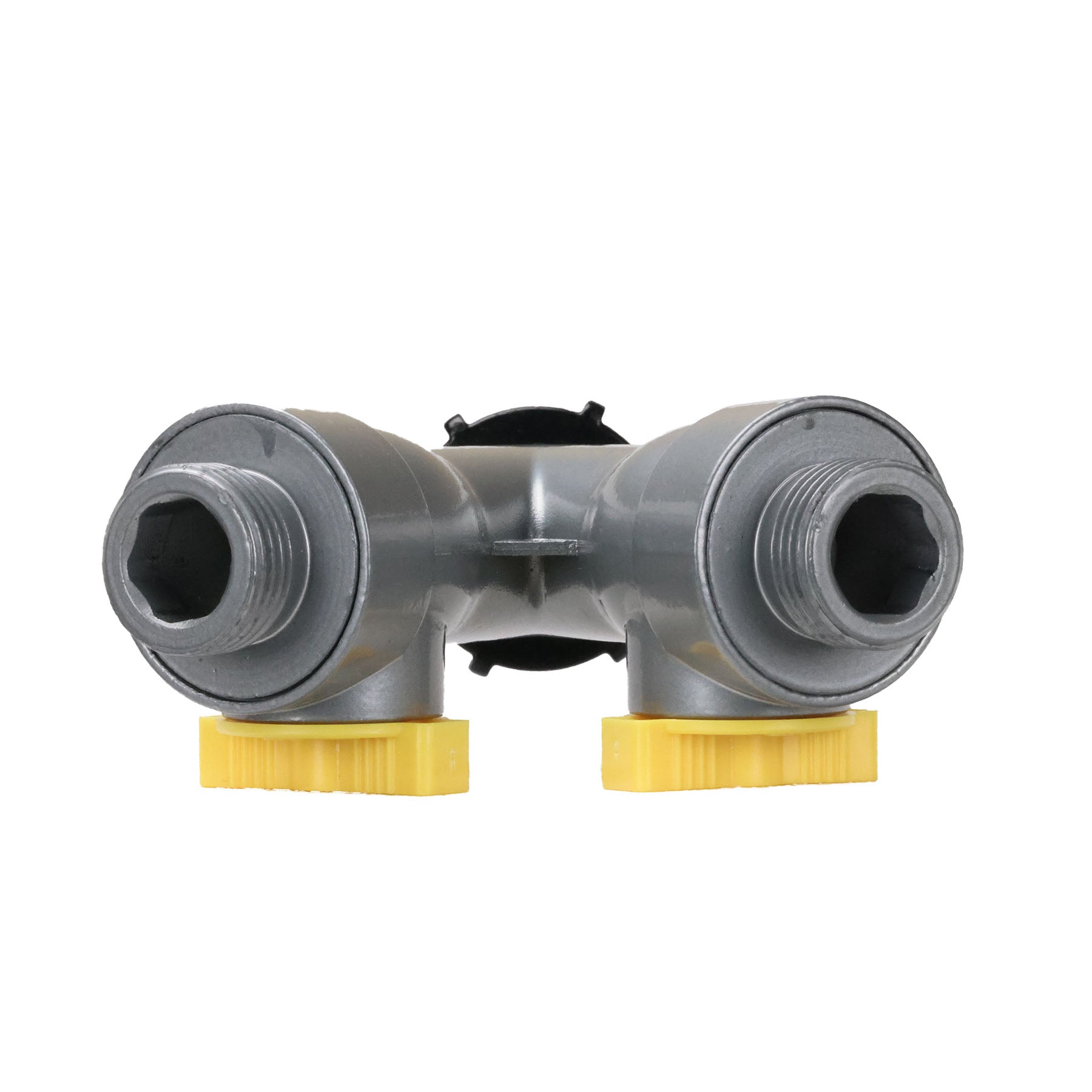 The bottom of a gray split valve with two threaded male outlets and two yellow valve adjusters, shown on a plain white background.