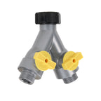 A gray plastic Y-shaped water divider with a black top cap and two yellow side valves, shown on a plain white background.