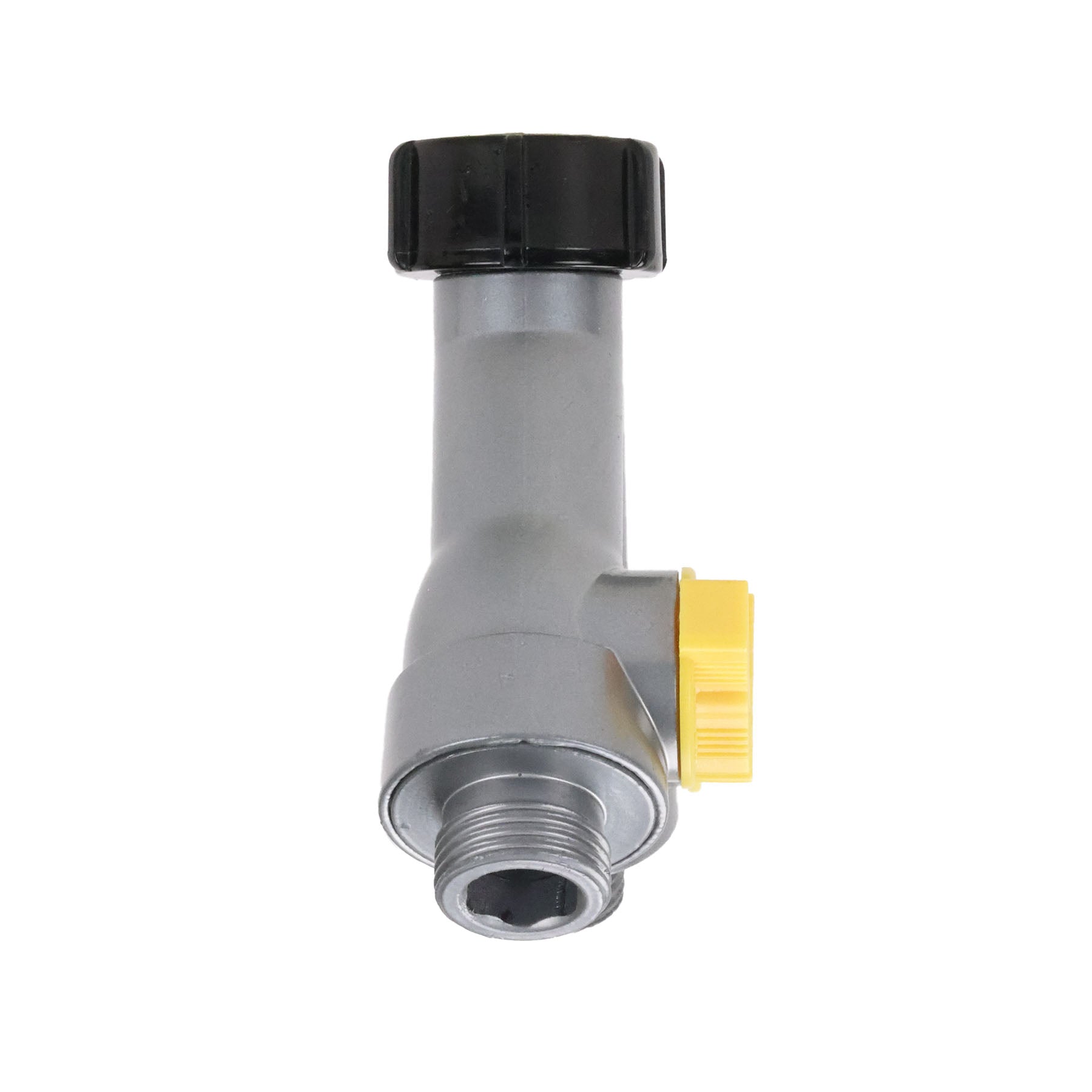 A metal angle valve with a gray body, a black top cap, and a yellow side connector, isolated on a white background.
