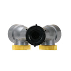 The top of a gray split valve with one black cap female outlet and two yellow valve adjusters, shown on a plain white background.