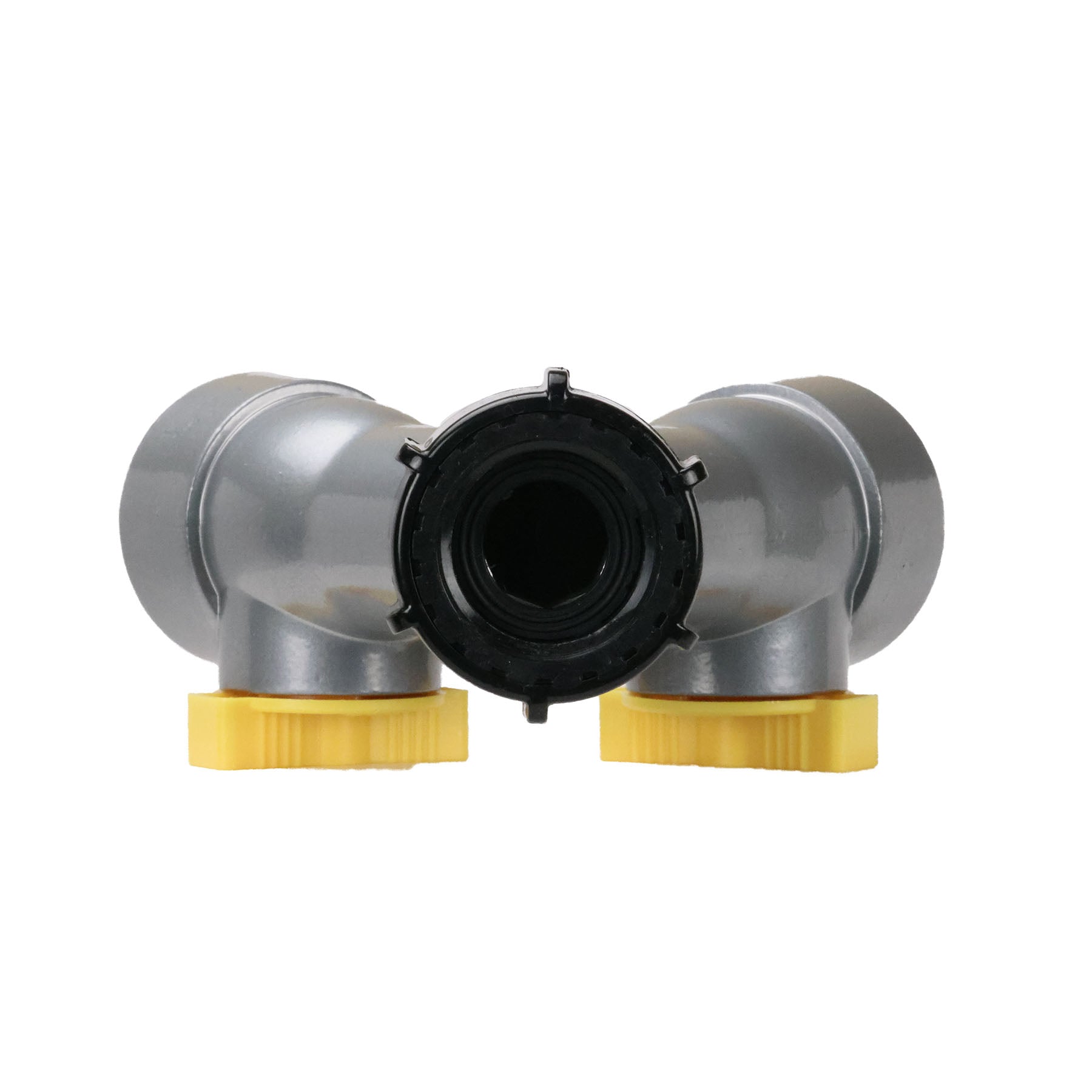 The top of a gray split valve with one black cap female outlet and two yellow valve adjusters, shown on a plain white background.