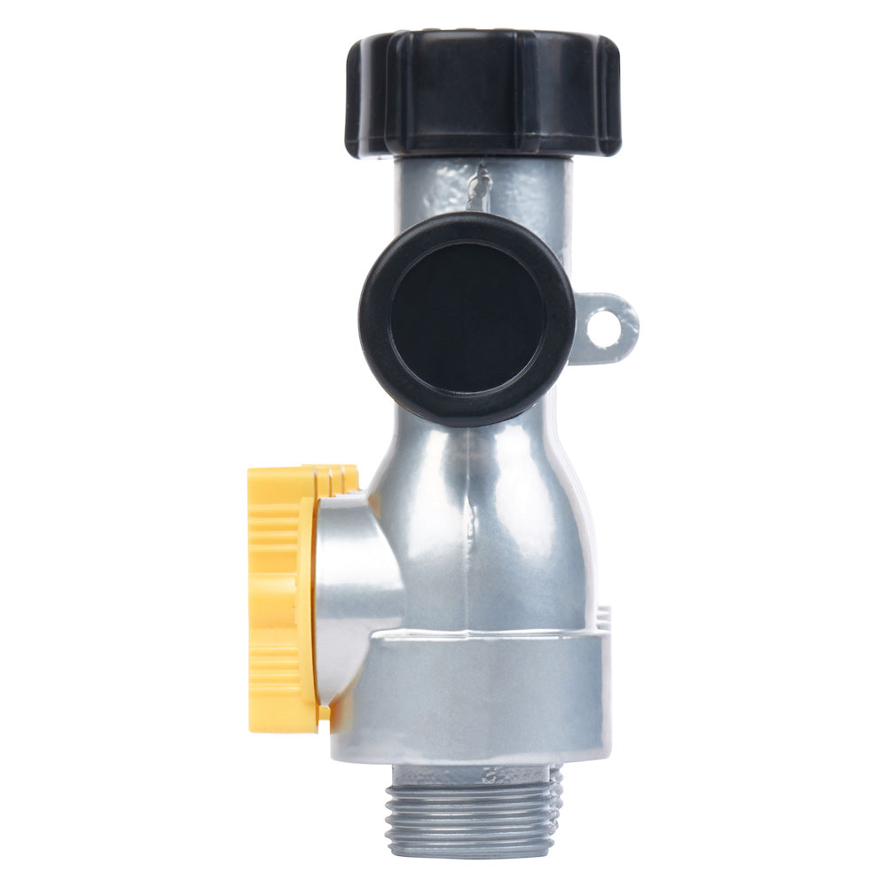 This image depicts a metal garden hose tap with a black lever on top and a yellow adjustable nozzle on the side, set against a white background.