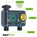 This is an image of a Melnor AquaTimer, a digital water timer for garden hoses, featuring a large LCD screen, easy-touch buttons, and dual outlets.