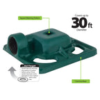 This is an image of a green, cast iron base oscillating sprinkler with a square watering pattern, covering up to 30 feet in diameter, with maintenance tips.