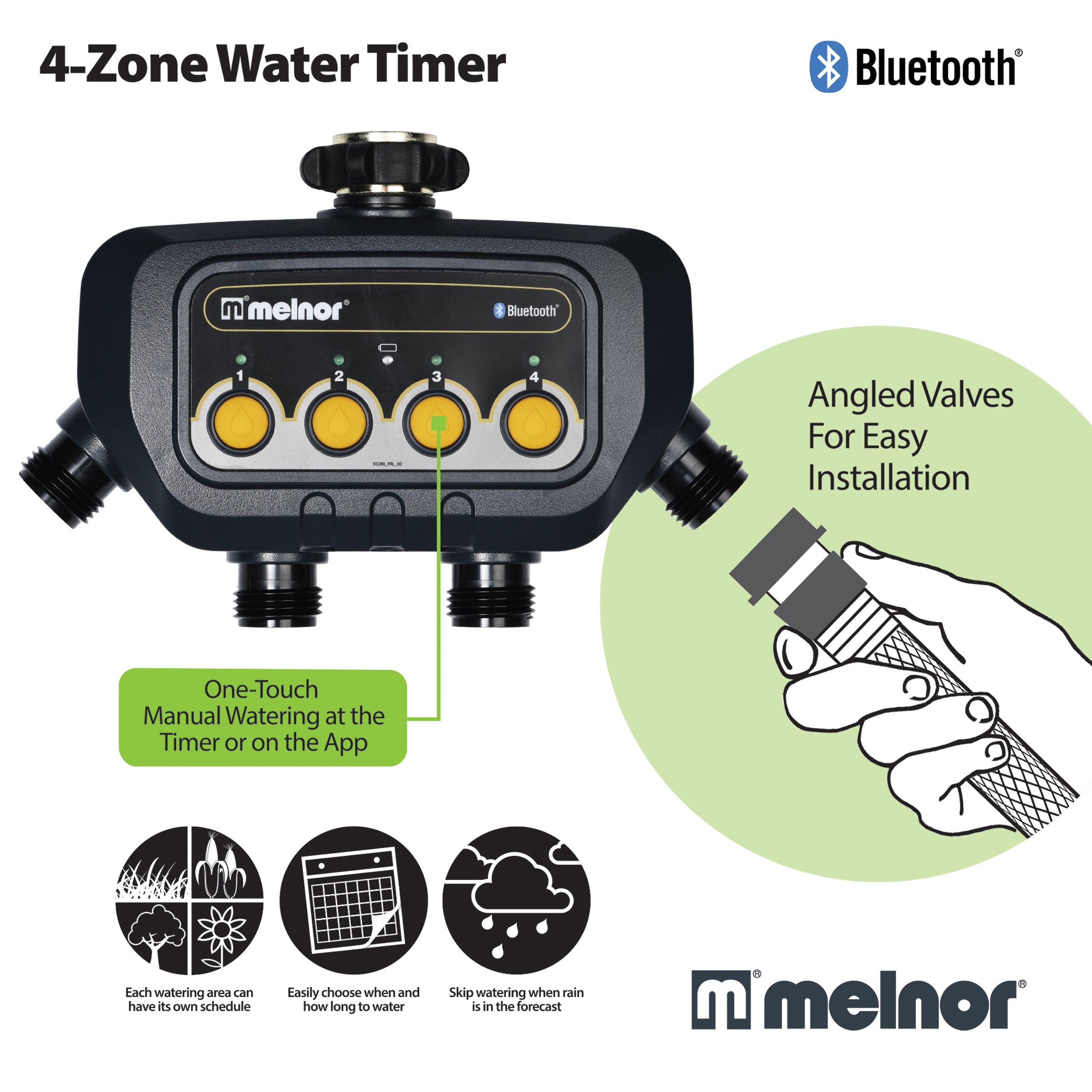 This is an advertisement for a Melnor 4-Zone Water Timer with Bluetooth connectivity, featuring one-touch manual watering, angled valves for easy installation, and customizable scheduling options.