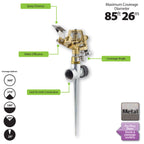 This is an image of a brass impact sprinkler on a spike with annotated features like spray distance, coverage angle, and maximum coverage diameter of 85 feet.