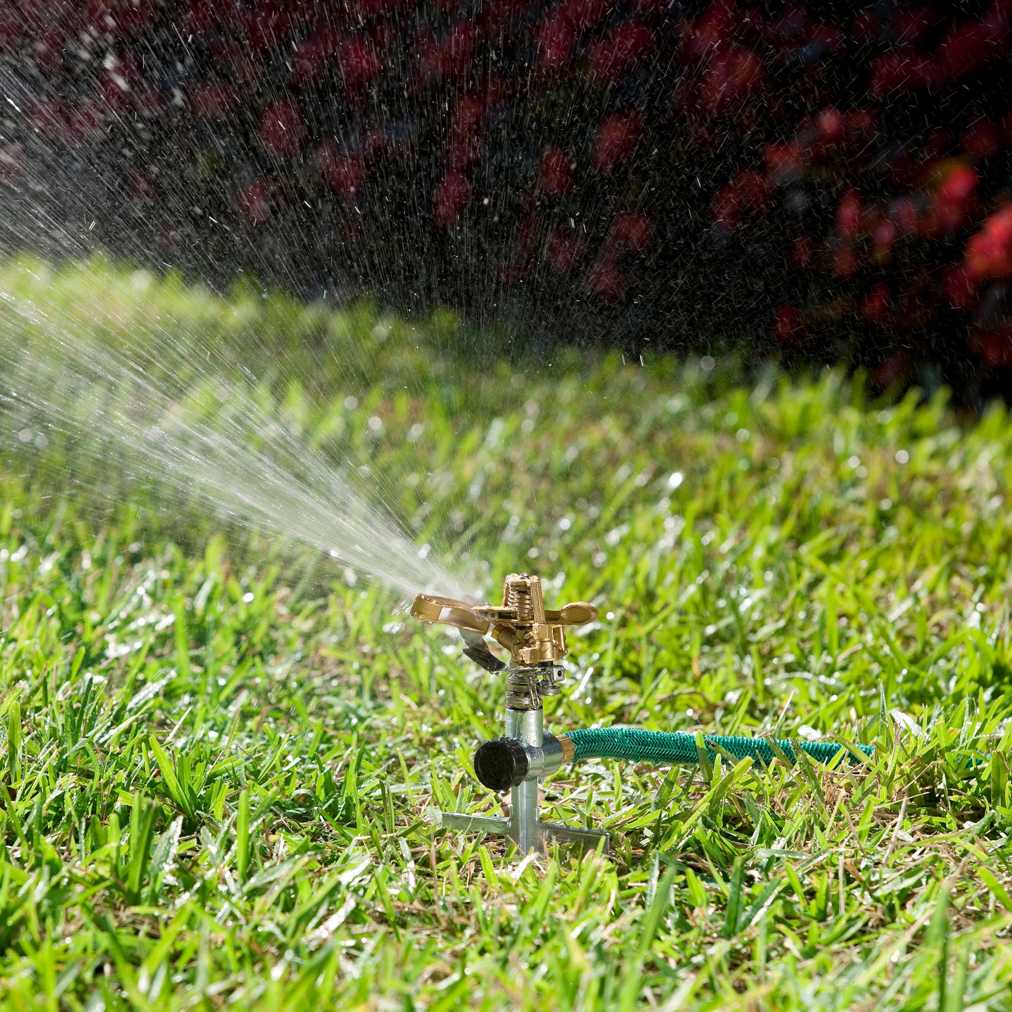 Melnor Pulsating Sprinkler on step spike spraying large stream of water on green grass