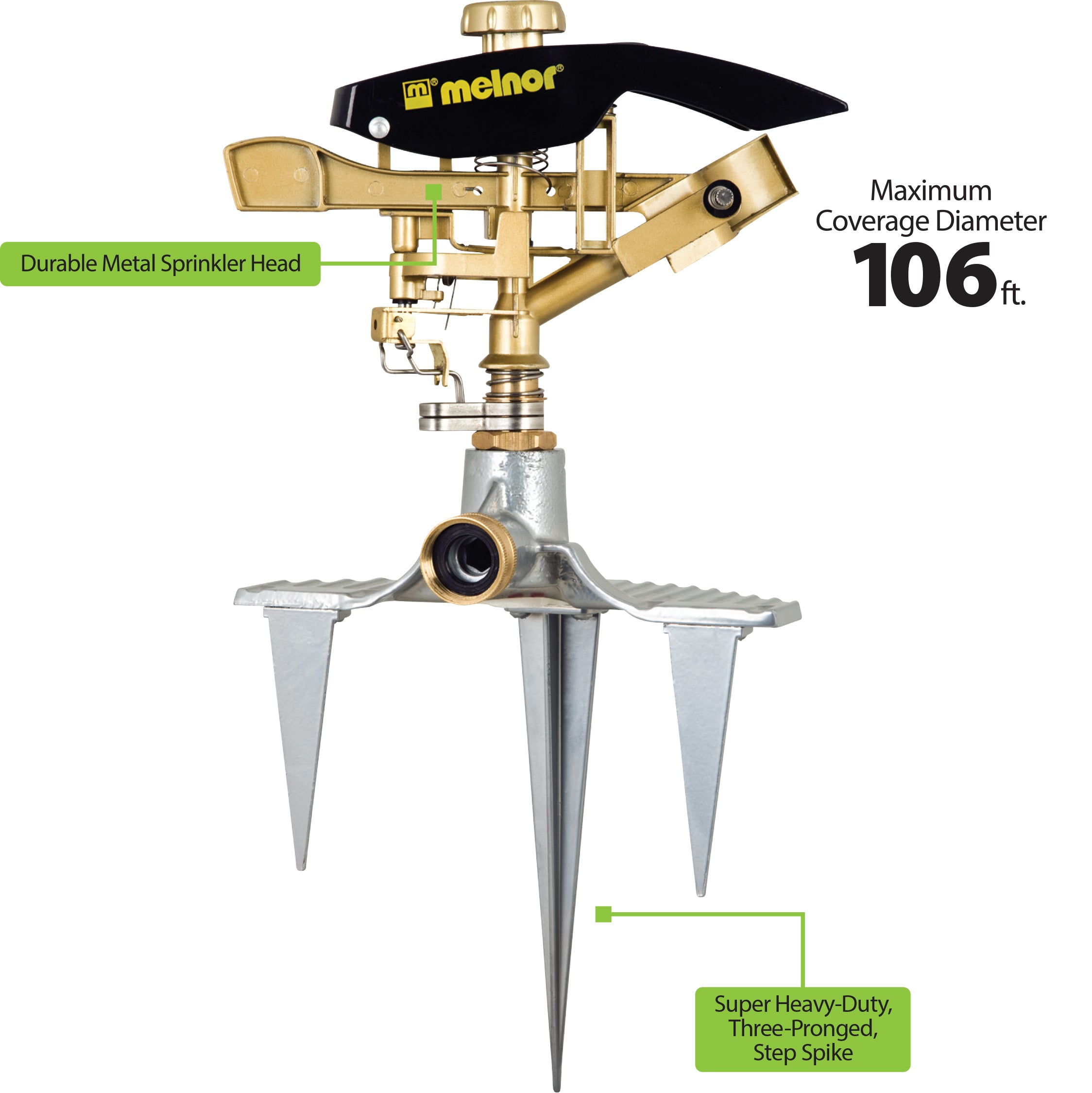 Metal Pulsating Sprinkler with 3-Prong Step Spike, 100 ft