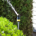 Sprinkler spraying from behind bushes