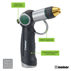 This image shows a metal Melnor brand garden hose nozzle with features labeled: easy-to-use thumb control, a hanging loop, and an insulated grip.