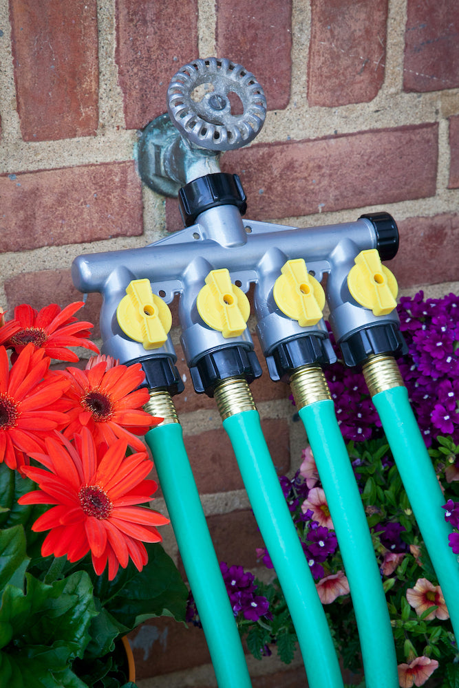 A multi-outlet metal garden tap affixed to a brick wall with three blue hoses attached; vibrant orange and purple flowers bloom nearby.