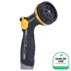 R301 Melnor RelaxGrip® Metal Thumb-Control 8-Pattern Nozzle shown with the Arthritis Foundation Ease of Use logo