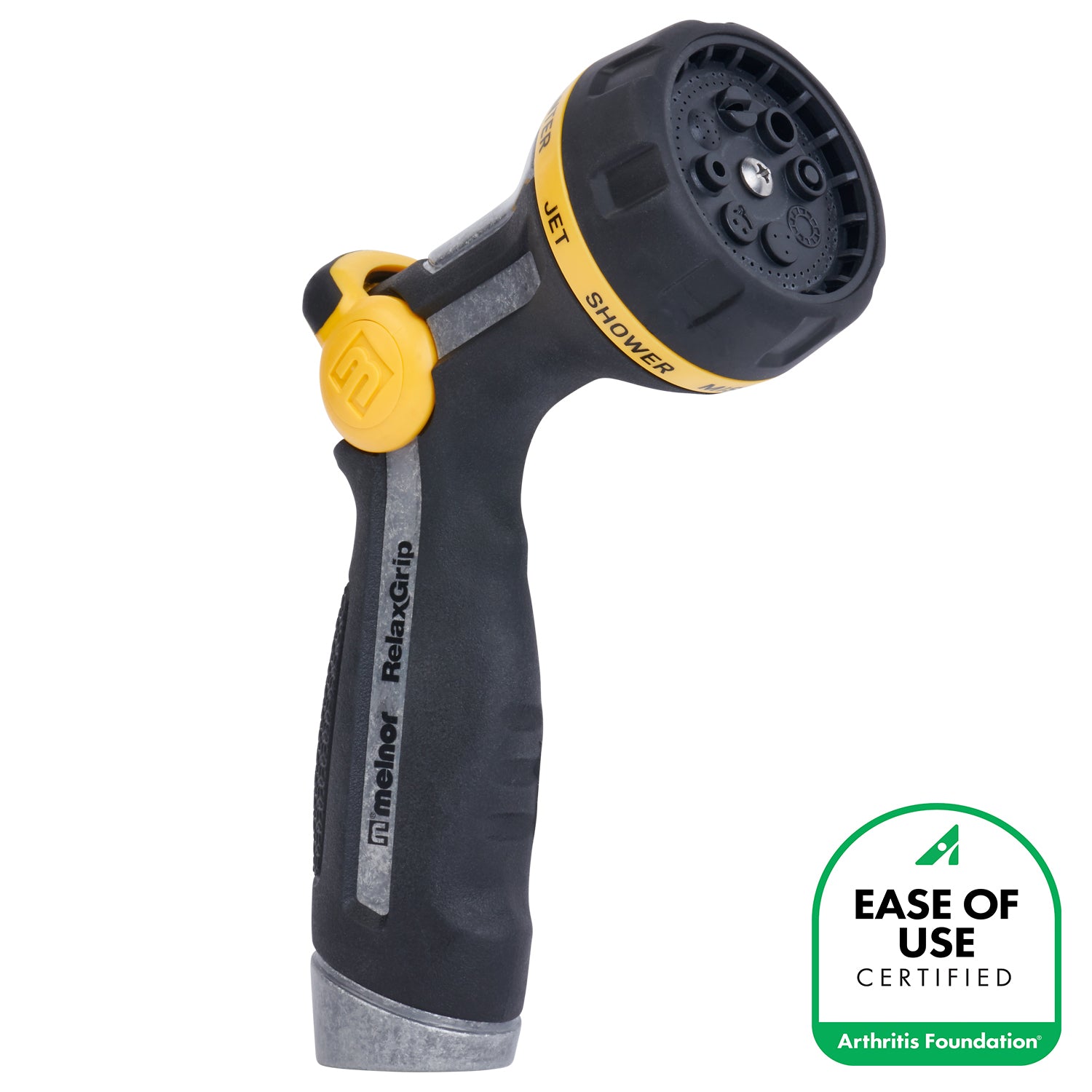 R301 Melnor RelaxGrip® Metal Thumb-Control 8-Pattern Nozzle shown with the Arthritis Foundation Ease of Use logo