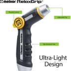 This image shows a Melnor RelaxGrip garden hose nozzle with an ultra-light design, featuring thumb control, an adjustable tip, and a slip-resistant grip.