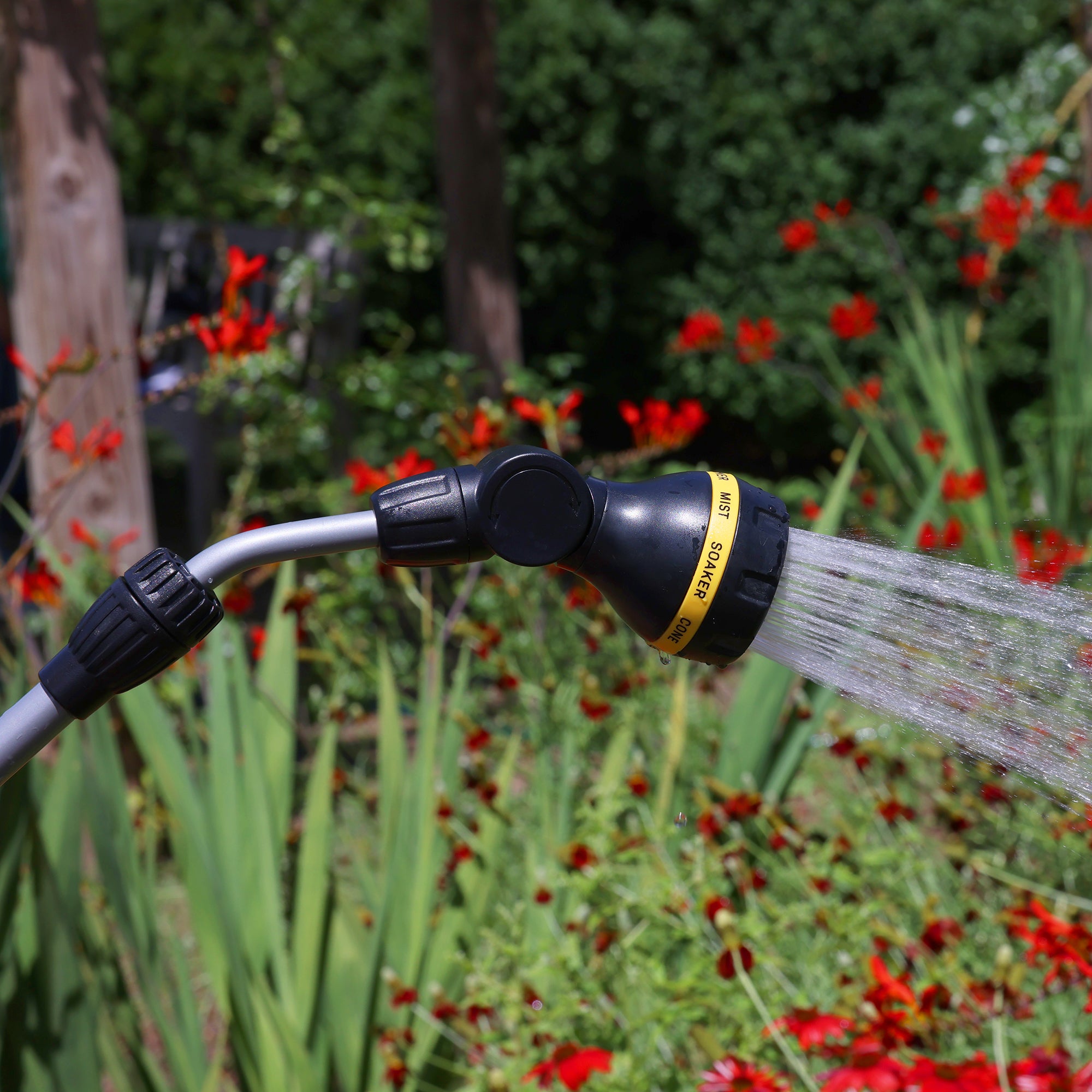 A garden hose with a spray nozzle is watering plants. Water jets are visible against a background of vibrant red flowers and green foliage.
