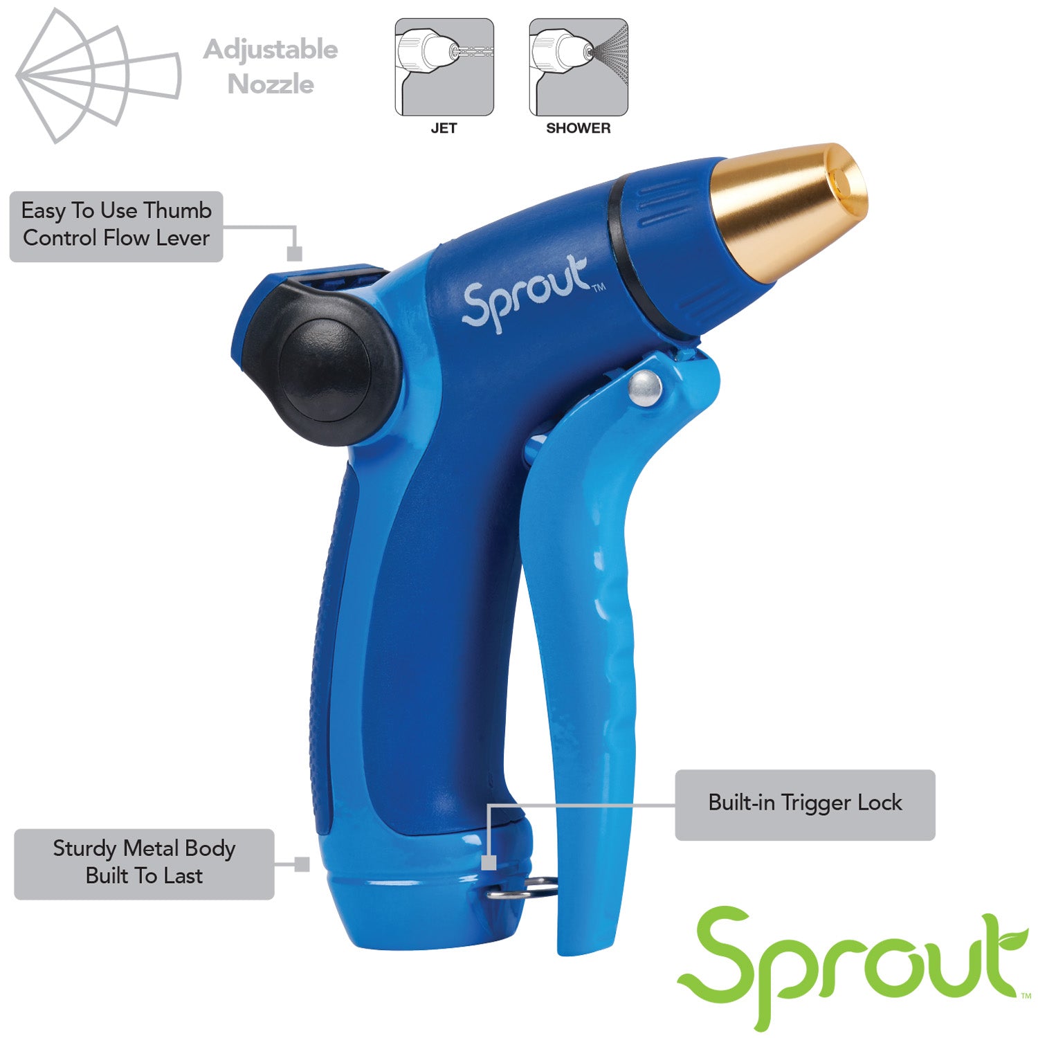 This is an image of a blue and gold adjustable nozzle garden hose spray gun. It features a thumb control flow lever, trigger lock, and a sturdy metal body.