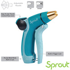 This image shows a turquoise and dark blue garden hose nozzle with a gold-colored tip. It features labels highlighting adjustable nozzle, thumb control lever, sturdy body, and trigger lock.