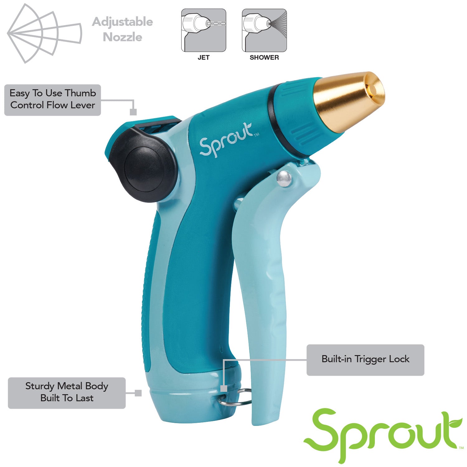 This image shows a turquoise and dark blue garden hose nozzle with a gold-colored tip. It features labels highlighting adjustable nozzle, thumb control lever, sturdy body, and trigger lock.