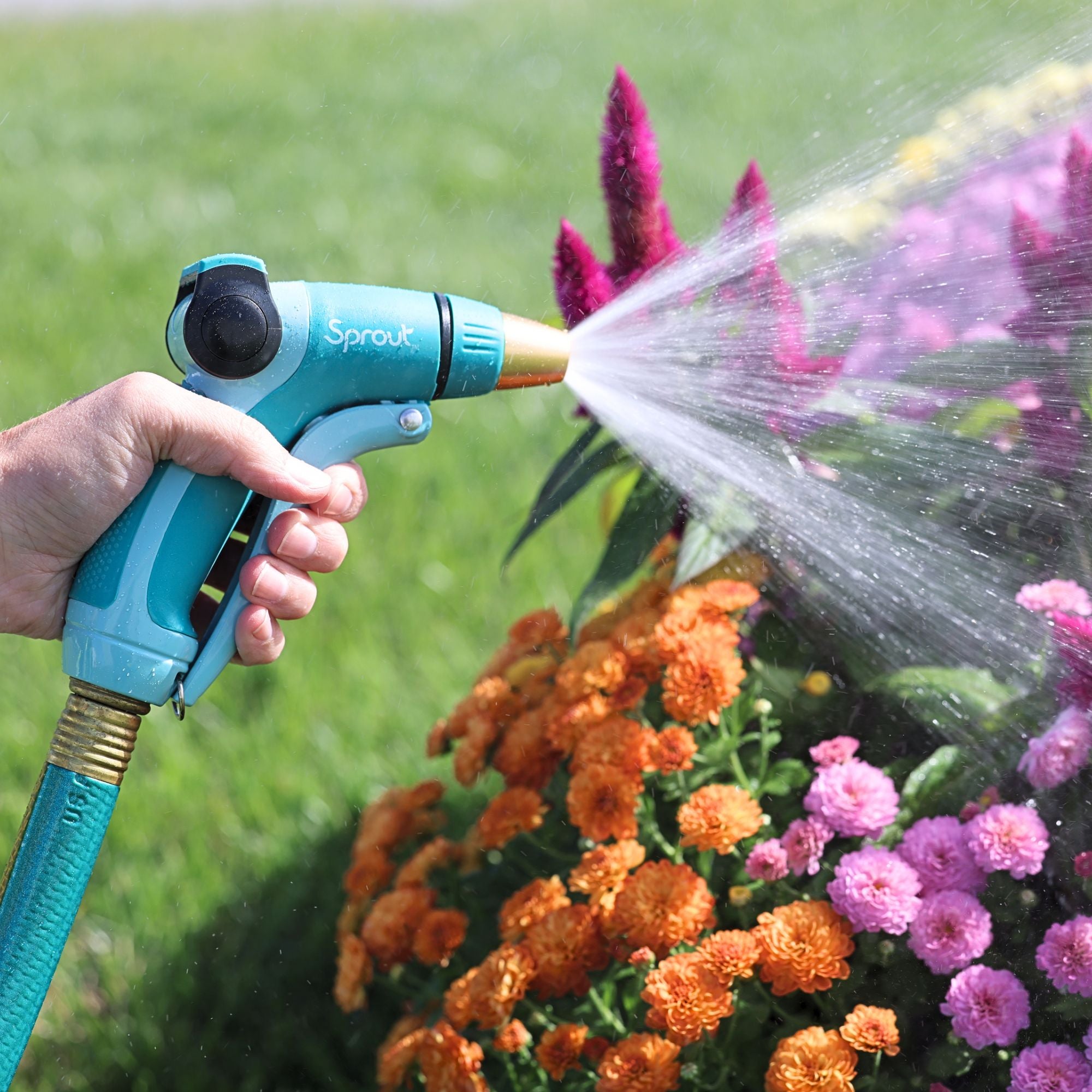 A person's hand is holding a blue garden hose with a nozzle, spraying water on colorful flowers on a sunny day, with green grass visible.