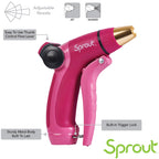 The image shows a pink and gold metal garden hose nozzle branded "Sprout". It has an adjustable nozzle and a thumb control flow lever with a trigger lock.