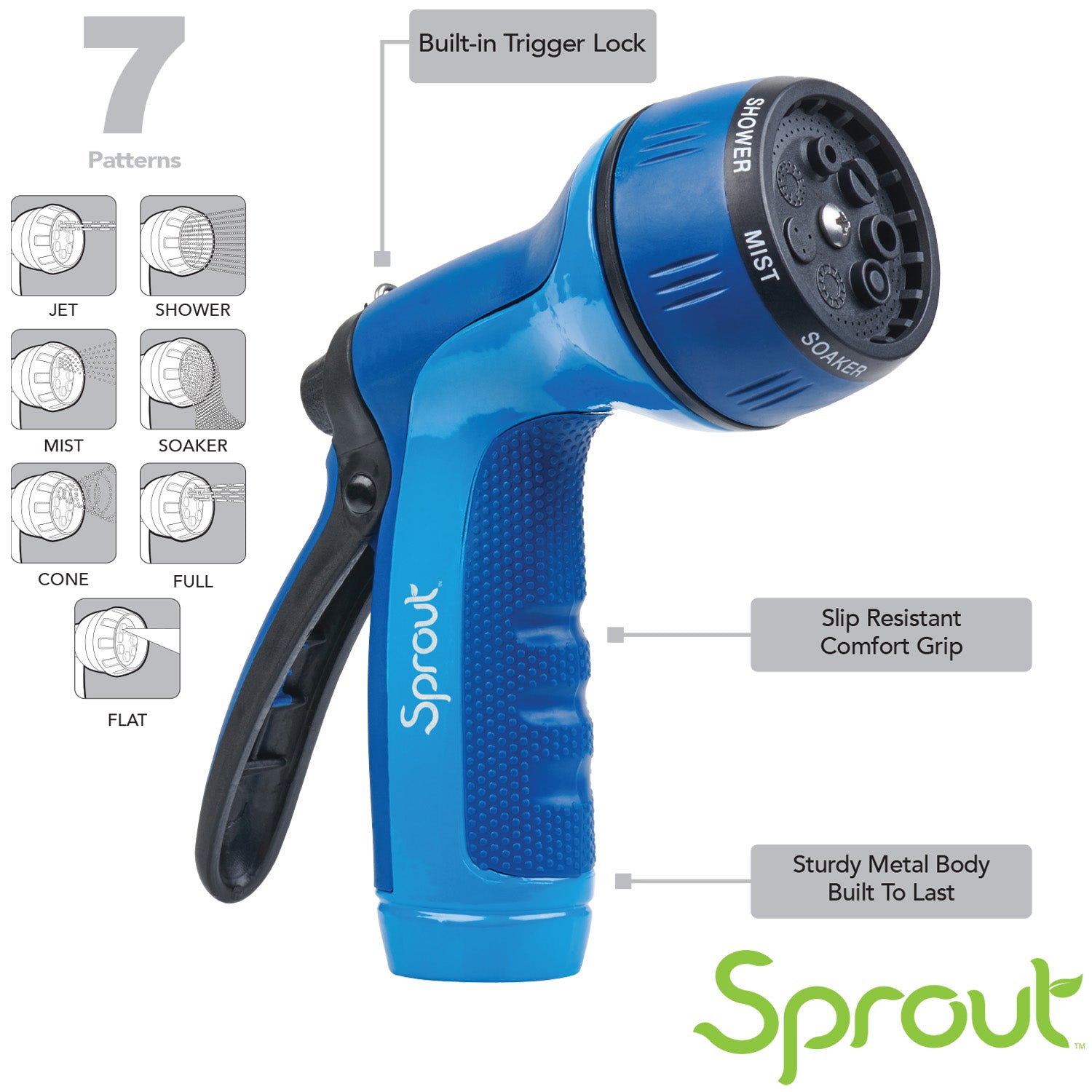 This image displays a blue and black garden hose nozzle by Sprout with seven spray patterns, a trigger lock, a slip-resistant grip, and a metal body.