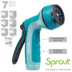 This image features a turquoise and black garden hose nozzle branded "Sprout" with seven selectable spray patterns and a rear trigger, emphasizing its slip-resistant grip and metal body.