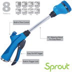 This image shows a blue 15-inch watering wand with 8 adjustable patterns, built-in flow control, an on/off trigger, and a trigger lock, branded as Sprout.