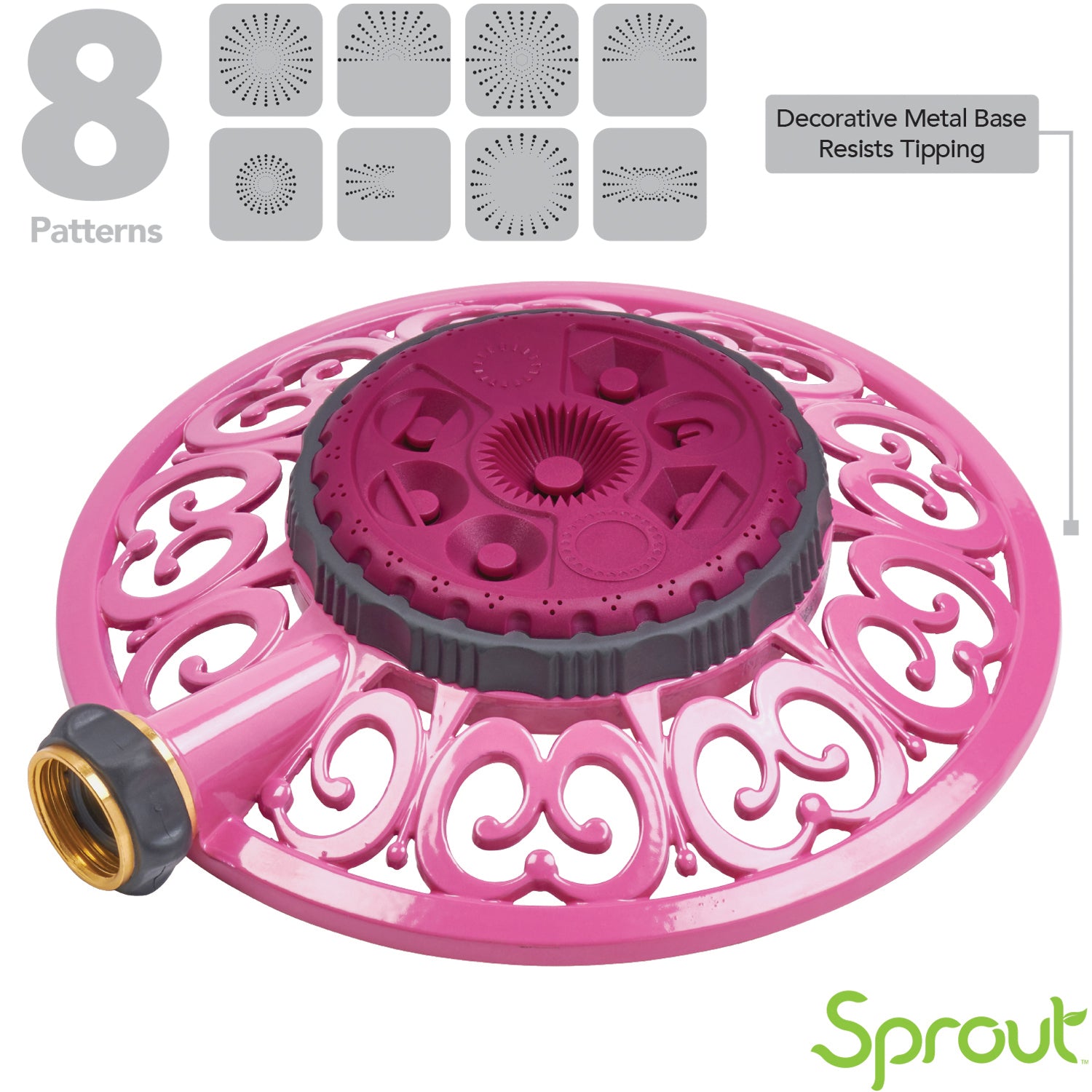 This is an image of a pink, circular, decorative garden hose sprinkler with eight patterns indicated above it and a claim of a metal base resisting tipping.