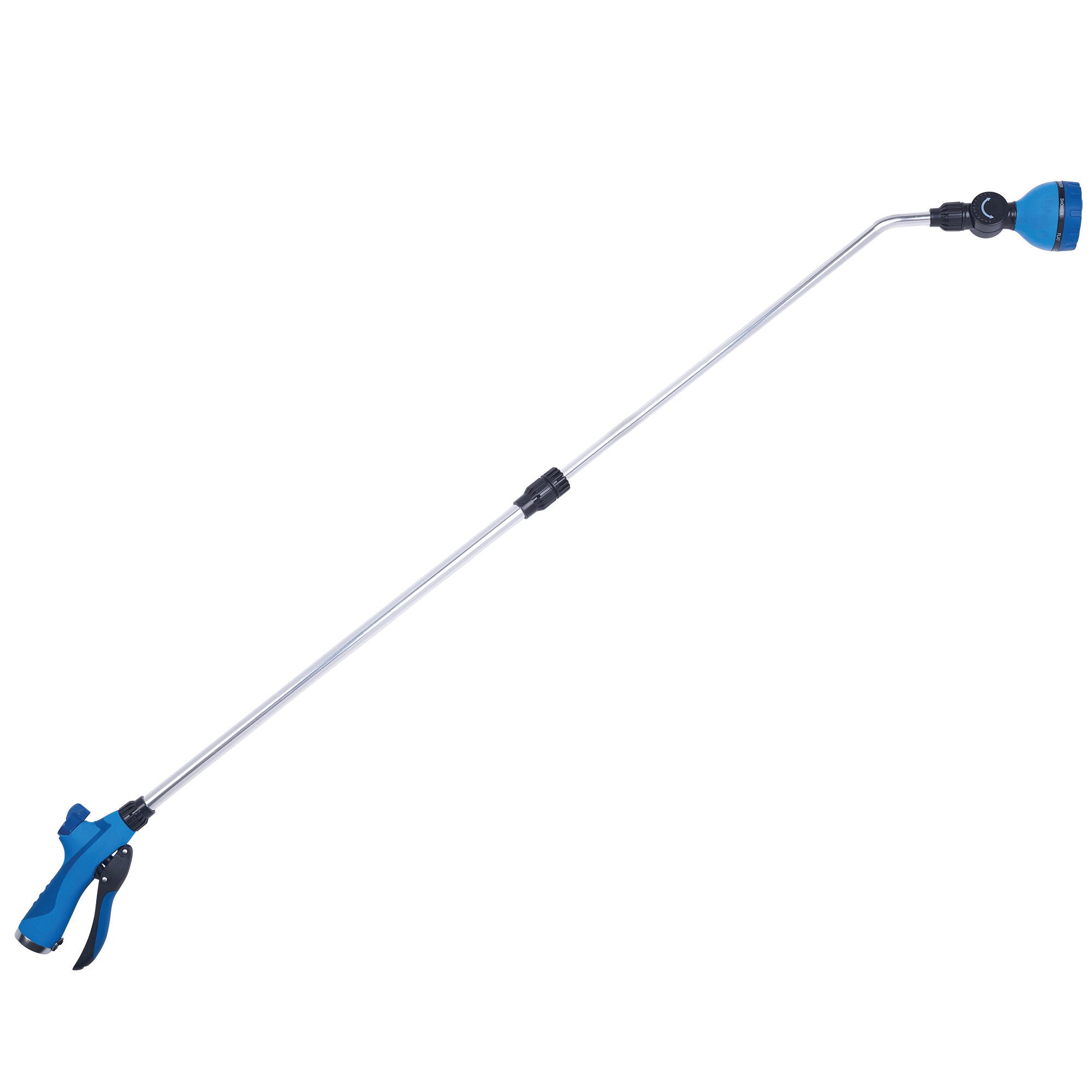 This is a telescopic extendable selfie stick with a blue handle and a black clamp for a camera or smartphone, isolated on a white background.