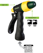 Garden hose nozzle with labels showing a trigger-lock and adjustable nozzle for different spray patterns, including jet and shower settings. A reminder to avoid leaks is included.