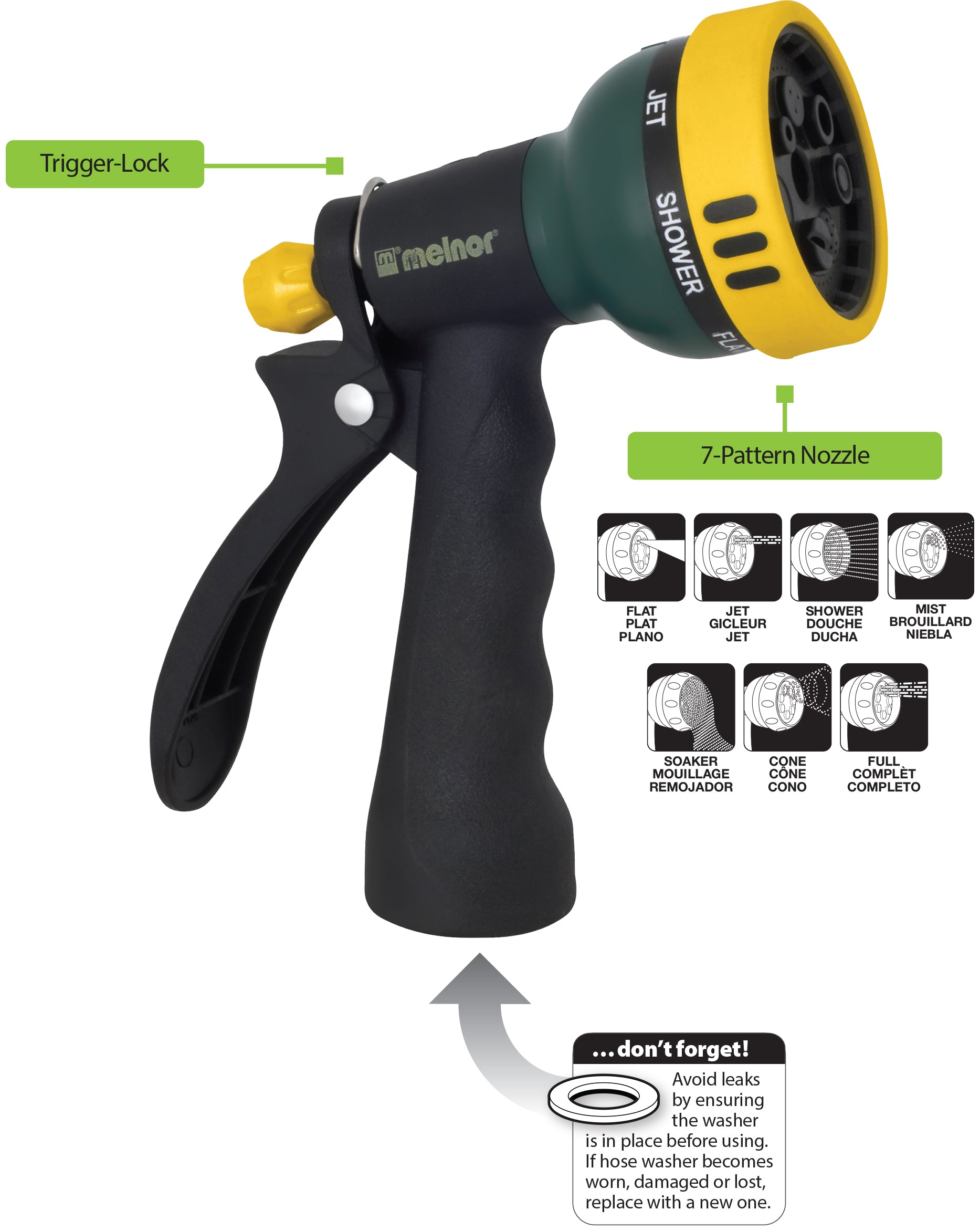 This image shows a green and black garden hose nozzle with a trigger-lock and a 7-pattern head, including jet, shower, and mist settings.